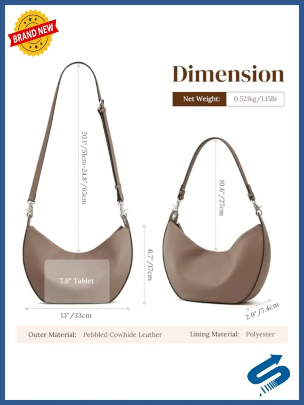 Leather Hobo Shoulder Bag Crossbody Purse Fits Tablet